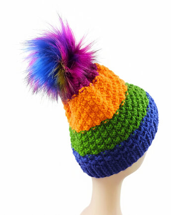 6904 Energetyczna Czapka Beanie w Żywe Pasy z Pomponem, kama4you