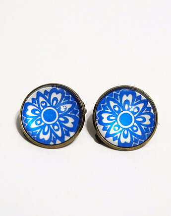 Klipsy -  Niebieskie kwiaty, koronka - duże, brąz, yenoo