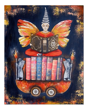 Anioł Bibliofil 15 oryginalny obraz ręcznie malowany collage, Galeriai