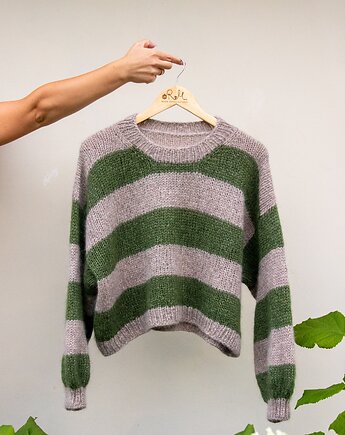 Sweter w paski, zielony sweter, sweter z alpaki, Ruda Manufaktura