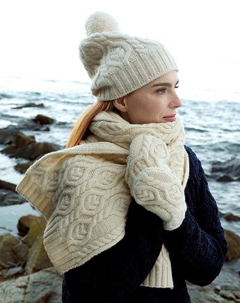 Zestaw CZAPKA + SZALIK + RĘKAWICZKI -  100% wełna Merino - Kremowy, AnemoneDream