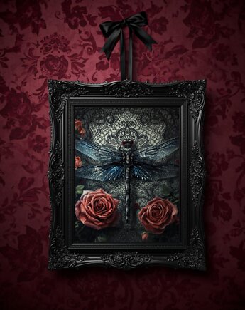 PLAKAT dekoracja gotycka  ważka sztuka ścienna koronka, black dot studio