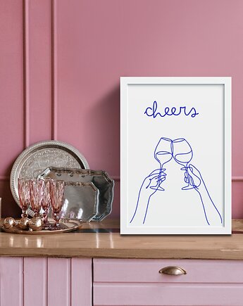 PLAKAT wino, niebieska grafika, cheers poster do kuchni, black dot studio