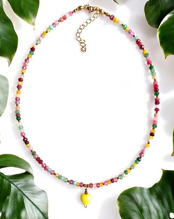 Naszyjnik z serduszkiem : jadeit, ceramiczne serduszko : multicolor, kaktusia