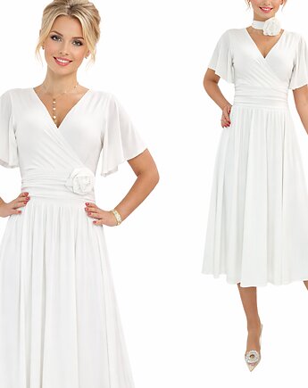 Sukienka koktajlowa  midi drapowana ecru  z różą 34-56, MC Fashion