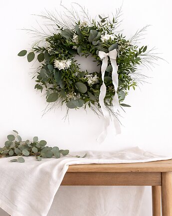 Wianek wiosenny zieleń + hortensja + gipsówka + eukaliptus, Łąka