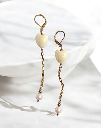 Kolczyki dłuuugie : serduszka ceramiczne i perły : żółte, kaktusia