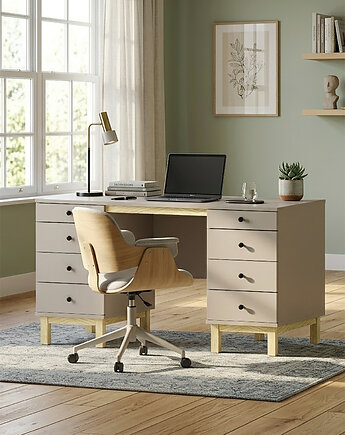 Biurko B-MODEL-1 z aż ośmioma szufladami, szarobeżowe, kaszmirowe, 140x60, VERYSIMPL