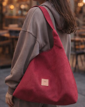 Torba Hobo z zamszu tapicerskiego Czerwona, sabi tatka