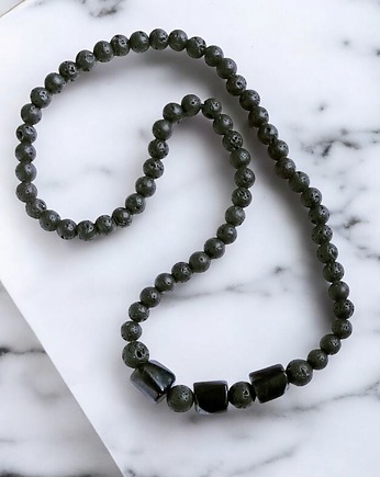 Naszyjnik MĘSKI : czarny turmalin polerowany & lawa, kaktusia