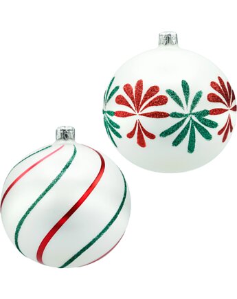 Bombki okrągłe: biała satyna z czerwono-zielonym brokatem, Syn Bombkarza