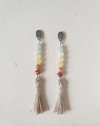 Kolczyki BOHO ART z lnianym chwostem, jadeit, jaspis, aqua, żółty, rudy, modesign