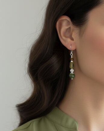 Eleganckie, zielone kolczyki srebrne, jadeit kanadyjski, oliwin, granat, Yamira Art Studio