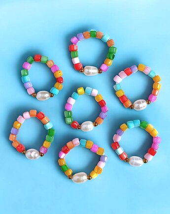 Pierścionek : summer collection : kolorowa muszla i perła, kaktusia