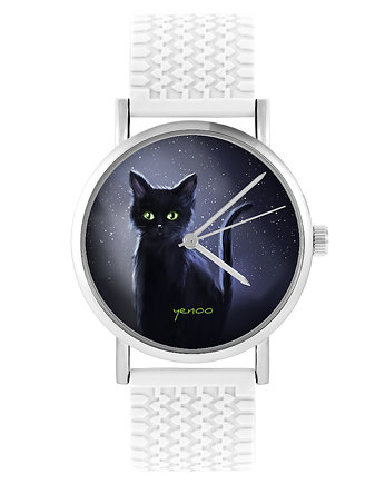 Zegarek - Czarny kot, noc - silikonowy, biały, OSOBY - Prezent dla teścia