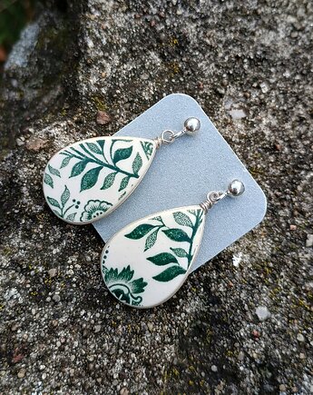 Kolczyki ceramiczne w roślinne wzory dwustronne, biżuteria z talerzy
