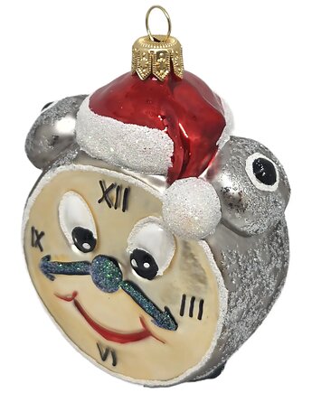 Ręcznie malowana bombka szklana srebrny bajkowy zegar w czapce Mikołaja, STARGLASS