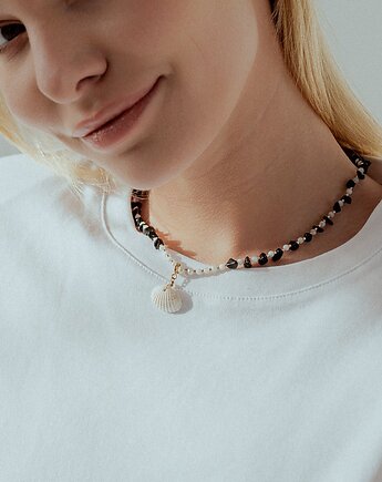 Surowy Choker z Muszlą Obsydianem i Perłami, w hand works