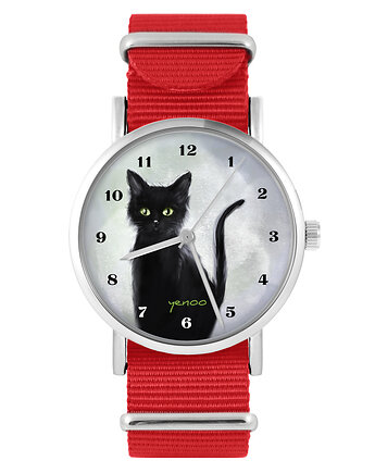Zegarek - Czarny kot, cyfry - czerwony, nylonowy, yenoo