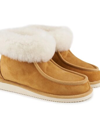 Pantofle damskie ze skóry owczej z wełną brązowe bambosze, MKclogs