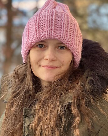 Zimowa czapka Buran  100% wełna z Peru blady róż, Made by Jaga