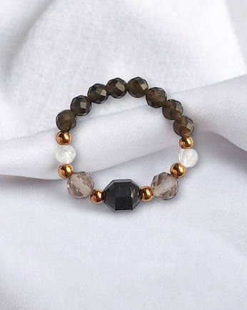 OCHRONA : pierścionek II - turmalin, obsydian, kwarc dymny, kryształ górski, kaktusia