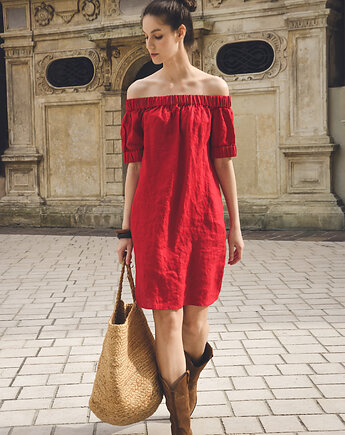 Lniana sukienka hiszpanka mini czerwień, OKAZJE - Prezent na Święta