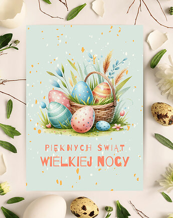 Kartka wielkanocna z motywem pisanek, uroczy design, DODUMU