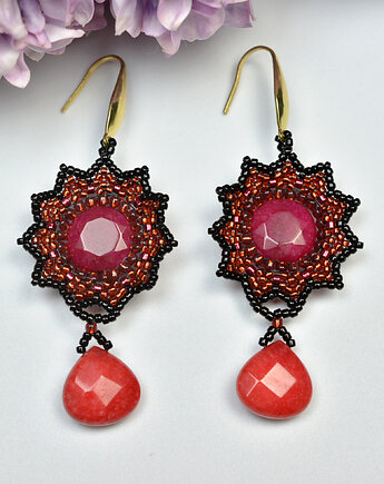 Alangai, kolczyki z czerwonym jadeitem, beading, Sol