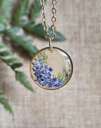 Wisiorek z niezapominajkami prawdziwe kwiaty złoty, zkwiatem