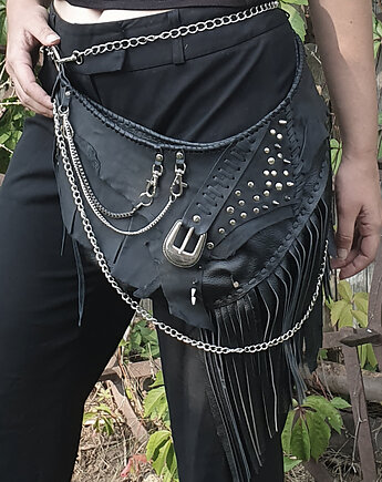 Na ramię i na biodro, skórzana asymetryczna torba z frędzlami, martuch