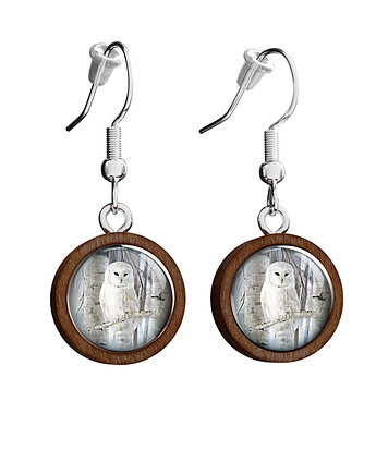 Kolczyki drewniane - Biała sowa - wiszące, yenoo
