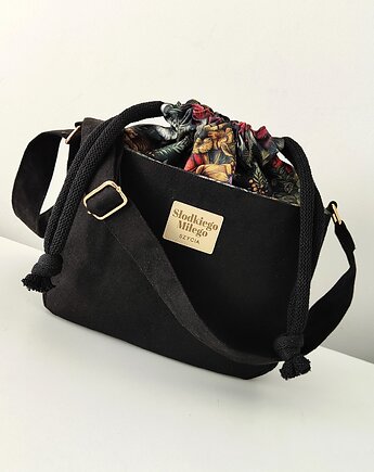 Torebka SOFIA Vintage Forest - mała czarna torebka z kominem z nubuku, Słodkiego Miłego Szycia