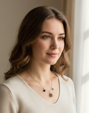 Złoty naszyjnik, labradoryt, spinel, pozłacane srebro 925, Yamira Art Studio