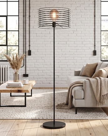 Czarna lampa podłogowa do salonu FORNOSA LOFT z drucianym kloszem, lampy loftowe LYSNE LOFT