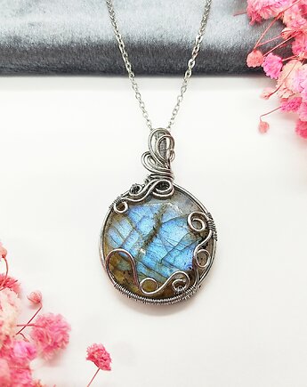 Naszyjnik Labradoryt Niebieski stal chirurgiczna wisiorek handmade wirewrapping, byNostawen