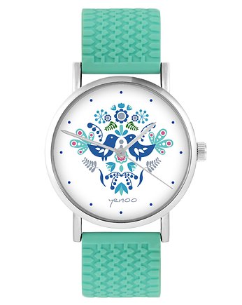 Zegarek - Ptaszki folkowe, blue - silikonowy, turkus, yenoo