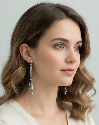 Kamień księżycowy, srebro 925, długie, zielone kolczyki, Yamira Art Studio