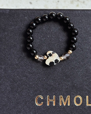 Pierścionek elastyczny Onyks, Kwarc Dymny i Jaspis Dalmatyński, Chmolowska Jewellery