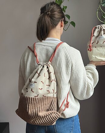 Zestaw bawełniany: workoplecak + kosmetyczka  jamniki, boytel tasha