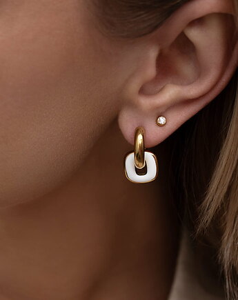 Złote kolczyki ogniwa z białą emalią ze stali chirurgicznej premium, Paraiso