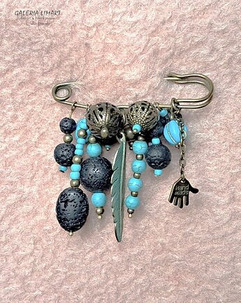 Broszka boho z turkusem na agrafie niezwykła miły prezent handmade, Galeria Limart