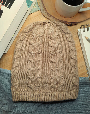 Kaszmirowa czapka- czapka z kaszmiru 100% beżowa warkocz, BAJKA projekt