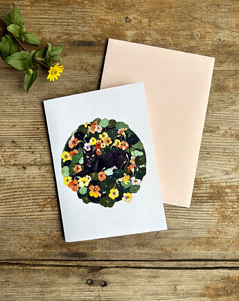 Czarny kot w nasturcjach- Kartka- Grafika- Ilustracja- Zwierzaki, BOSKE