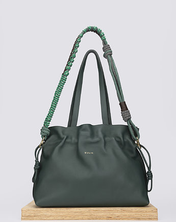 Elegancka torba zielona Shopper Bag z marszczeniami i plecionym paskiem, OKAZJE - Prezent na Wieczór panieński