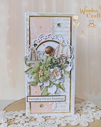 Kartka, pamiątka na chrzest, roczek, narodziny "PeachBabyBoy" GOTOWY, Lulaczkowo