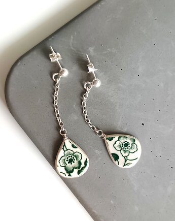 Kolczyki ceramiczne w zielone kwiaty, biżuteria z talerzy