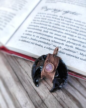 Wisior miedziany lunula obsydian moonstone V, Treemasters Copper Jewelry