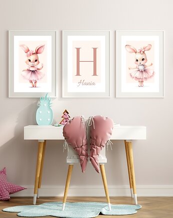 Plakaty Metryczka, Imię, Litera, Króliki, Dla Dziewczynki 3 szt, Magnetyczne Studio