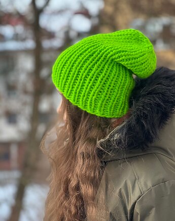 Czapka z merynosa 100% neonowa zieleń, Made by Jaga
